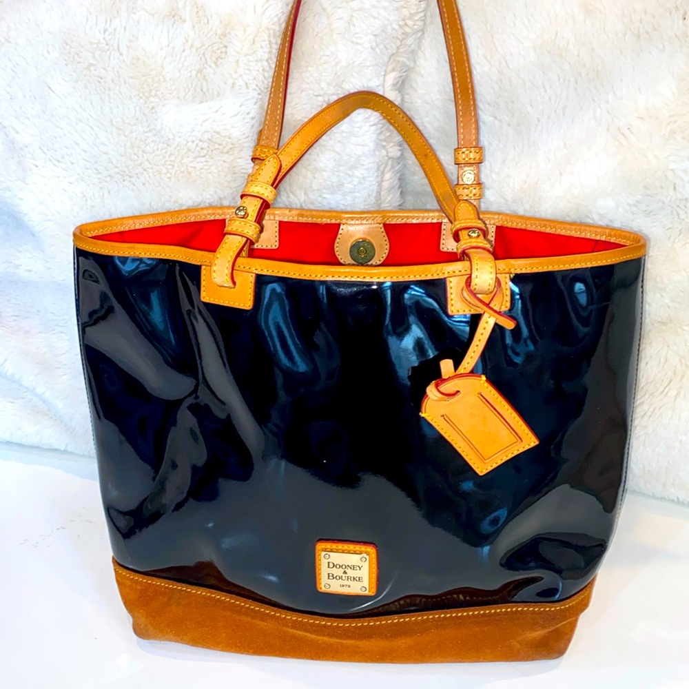 Dooney & Bourke Black Patent Leather Large Shoulder Tote Bag Brown Trim & Suede